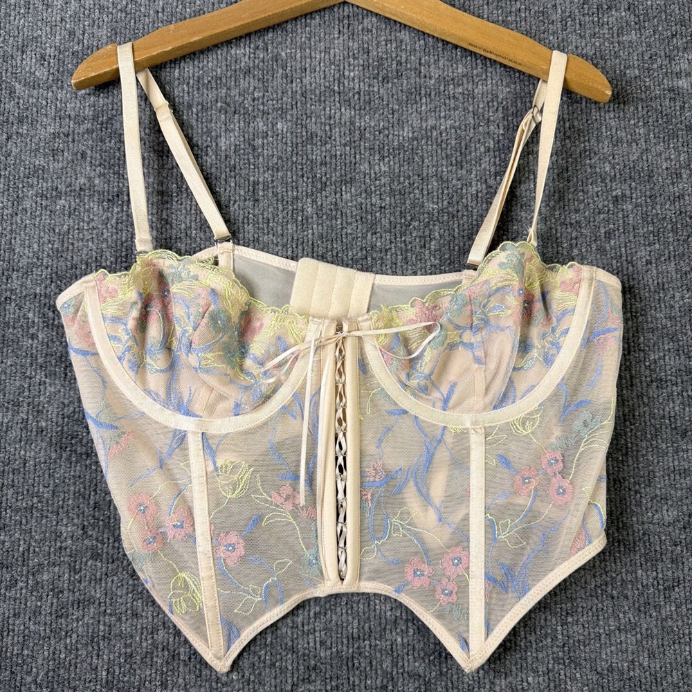 Out from Under Urban Outfitters Mesh Embriodered Floral Corset Top Beige LG